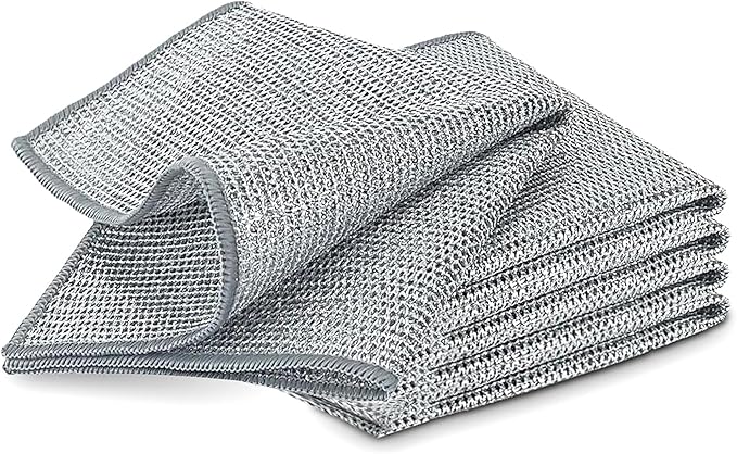 YinQin 5 PCS Double Layer Stainless Steel Scrubber Wire Dishwashing Cloth Non Scratch Stainless Steel Mesh Dish Cleaning Cloth 20x20 cm Metallic Wire Cleaning Rag Towel for Kitchen Dish Sink Stove Top