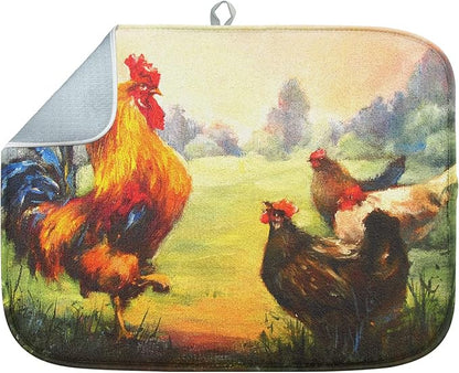 Sanwarm Absorbent Dish Drying Mat, Multicolor Oil Realistic Rooster Chickens Microfiber Pad for Kitchen Counter, Coffee Bar Decor, Heat Resistant and Reversible, 16" x 18"