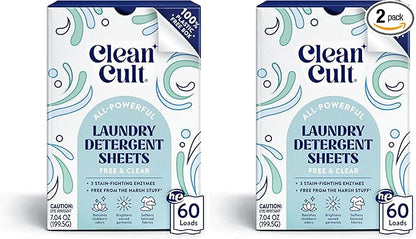Cleancult Laundry Detergent Sheets - Resealable Box - 3 Stain Fighting Enzymes - Fragrance Free - 60 Loads - Free of Harsh Chemicals - No Mess - No Plastic Waste (Pack of 2)
