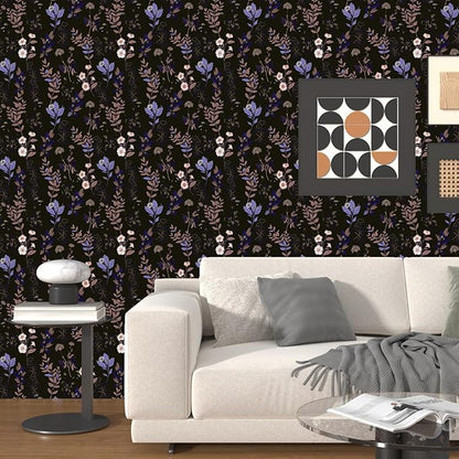 Fvlow Black Floral Wallpaper Peel and Stick Purple Leaf Contact Paper 17.4" X 118" Moody Dark Wallpaper Waterproof Self-Adhesive Vintage Wall Covering for Bedroom Countertop Desk Cabinets Decor