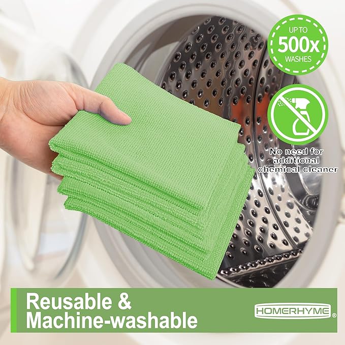 HOMERHYME Microfiber Cleaning Cloth, 12 Pack Green Cleaning Rags,12" X 11" Lint Free Dish Towels Wash Cloths, Reusable Microfiber Towels for Home and Kitchen Bathroom Apartment Cleaning Supplies