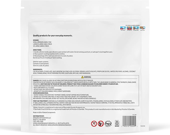 Amazon Basics Laundry Detergent Pacs, Free & Clear, Powerful Triple Action, Hypoallergenic, Unscented, 112 Count