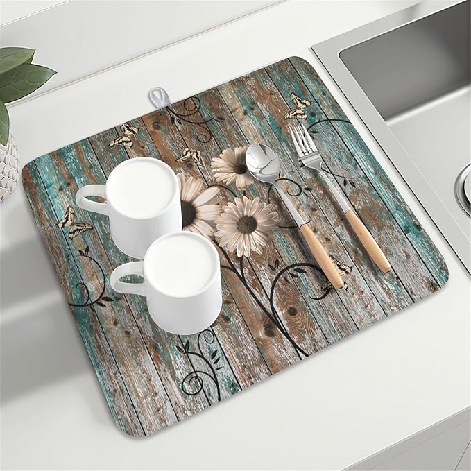 Spring Daisy Dish Drying Mat for Kitchen Counter 16 x 18 Inch Vintage Farmhouse Dish Drainer Mat Absorbent Microfiber Shabby Chic Flowers Dish Rack Pad for Coffee Dining Bar Decor