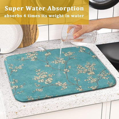 Teal Turquoise Dish Drying Mat for Kitchen Counter Spring Floral Drying Mat 16 x 18 Inch with Absorbent Reversible Microfiber Dish Drying Pad Dish Rack Drainer Mat for Coffee Bar