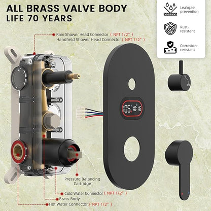 Round Shower Faucet Set with Hydro Power Temperature Display, Shower System Bathroom 10 Inch Shower Head with Handheld Spray, Wall Mounted Shower Fixtures with Shower Valve and Trim Kit, Matte Black