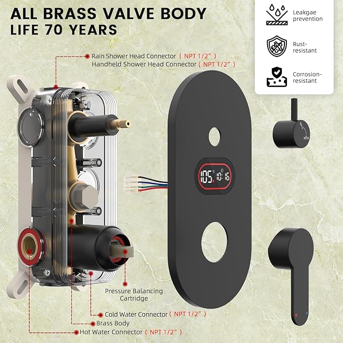 Round Shower Faucet Set with Hydro Power Temperature Display, Shower System Bathroom 12 Inch Shower Head with Handheld Spray, Wall Mounted Shower Fixtures with Shower Valve and Trim Kit, Matte Black