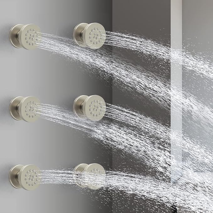 HOMEDEC 6pcs Round Brass Shower Body Spray Massage Jets Spa-like Bathroom Showerhead,Brushed Nickel