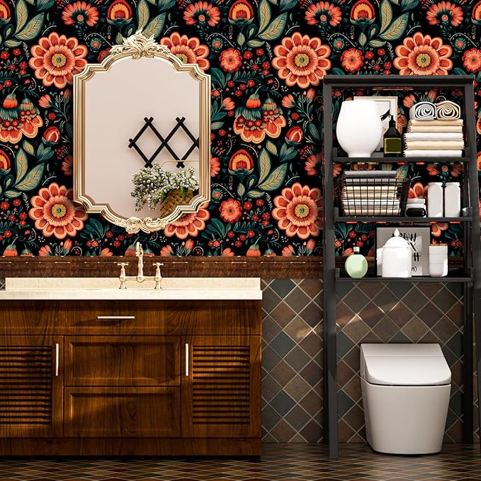 Fvlow Boho Floral Wallpaper Peel and Stick Dark Red Large Flower Contact Wall Paper Waterproof Self-Adhesive Wall Covering for Bedroom Countertop Desk Cabinets Decor Renter Friendly 17.4" x 118"