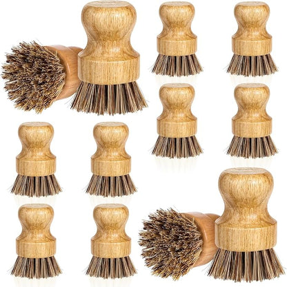 12 Packs Bamboo Dish Scrub Brush Wooden Washing Scrubbers with Sisal Bristles Kitchen Palm Pot Brush Round Mini Dish Brushes for Household Iron Pot Pan Sink Sink Vegetables Cleaning (Brown)