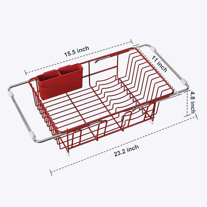 JASIWAY Red in Sink Dish Drying Rack, Expandable Stainless Steel Small Dish Rack Over Kitchen Sink, Plate Drainer Strainer with Cutlery Holder & Cup Holders, Counter Space Saving Wire Dryer Rack
