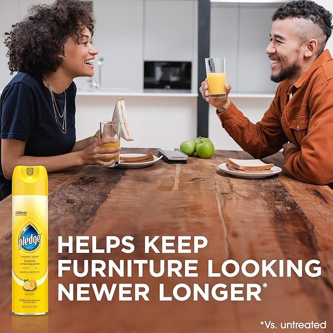 Pledge Enhancing Polish Spray, Wood Furniture & Stainless Steel Polish, Remove Dust and Fingerprints, Fast Shine and Protect, Prevent Scratches & Knicks - Lemon Scent, 9.7oz, Pack of 2