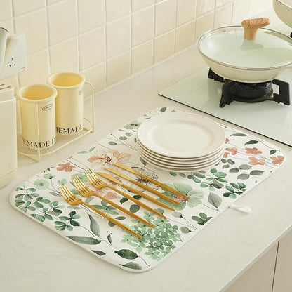 Spring Floral Drying Mat 18x24 Inches For Kitchen Counter Absorbent Summer Watercolor Green Flower Leaf Kitchen Drying Mat Pad For Home Kitchen,Dining Room,Office Decoration