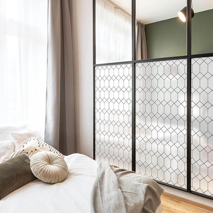 DKTIE Window Privacy Film Stained Glass Frosted Glass Window Clings Moroccan Lattice Decorative Bathroom Door Coverings UV Sun Blocking Heat Control (S593, 17.7in X 118.1in)