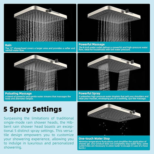 Hibbent cUPC Certified 5 Spray Modes Shower Head, 13'' High Pressure Large Rainfall Shower Head, High Flow Waterfall Bathroom Fixed Showerheads, Adjustable Swivel Ball Joint, Brushed Nickel