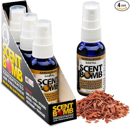 Scent Bomb Air Freshener Spray, Long-Lasting Odor Eliminator - Effective Deodorizer for Home & Car, Fresh Room Spray for Kitchen, Bathroom & Smell Neutralizer - 1 oz Pack of 4, Sandalwood Scent