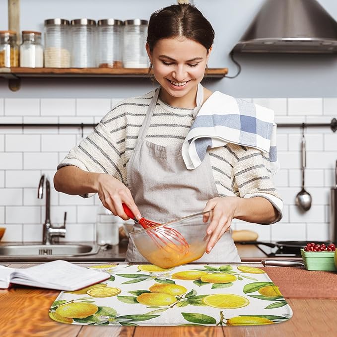 Sanwarm Absorbent Dish Drying Mat, Floral Lemon Fruits Vintage Microfiber Pad for Kitchen Counter, Coffee Bar Decor, Heat Resistant and Reversible, 16" x 18"