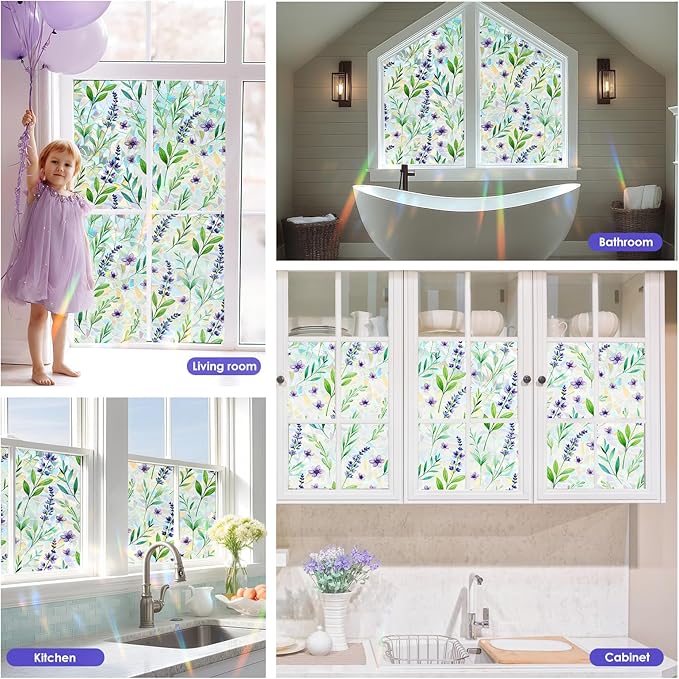 Rainbow Window Privacy Film,Heat Control,UV Blocking,Anti-Glare,Day & Night Privacy Protection & Decoration for Home, Bathroom,Glass Door,Static Cling,Renter-Friendly with Installation Tools
