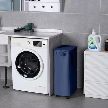 Slim Laundry Hamper with Lid and Wheels, Small Rolling Laundry Basket with Handle for Small Spaces, Tall Dirty Clothes Hampers for Dorm, Bathroom and Bedroom, 75L, Blue