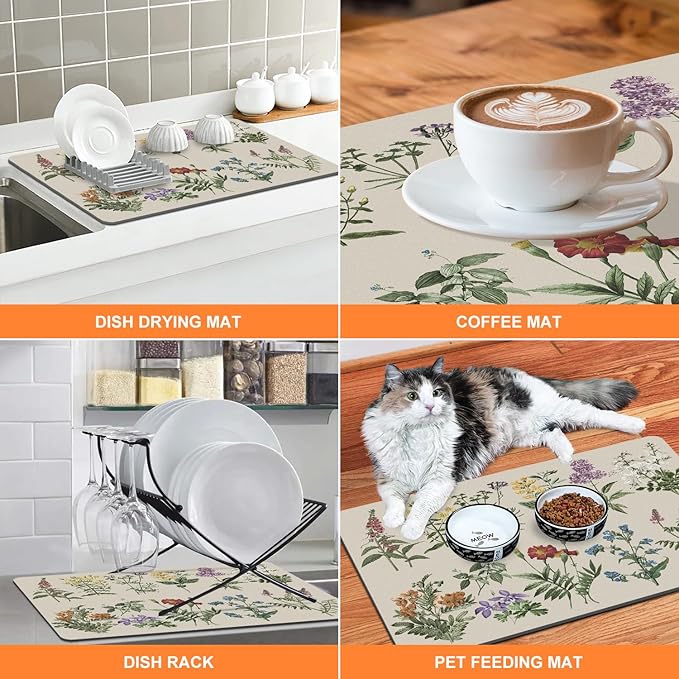LOKHOM Dish Drying Mat for Kitchen Counter, 18"x24" Absorbent Coffee Bar Mat with Vintage Sage Flower Herbs, Dish Drainer Rack Mats for Kitchen Counter and Dining Room Decoration