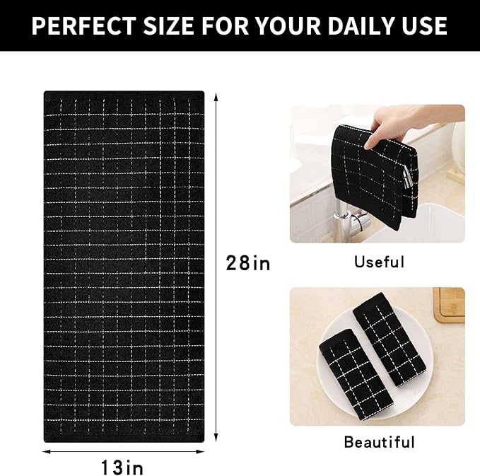 Homaxy 100% Cotton Terry Kitchen Towels(Black, 13 x 28 inches), Checkered Designed, Soft and Super Absorbent Dish Towels, 18 Pack