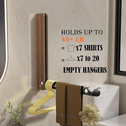 Natural Wood Folding Clothes Hanger Rack for Laundry Room, Wall Mounted Clothes Drying Rack, Laundry Drying Rack Foldable, Perfect for Small Spaces, Walnut Wood Black