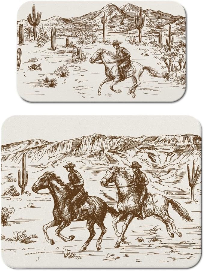 Dish Drying Mat for Kitchen Counter 2 Pack with Non-Slip Rubber Backing - Heat-Resistant Absorbent Coffee Bar Mat, Dish Rack Mat, Cowboy Dish Drying Mats 18x24+19.5x12 inch