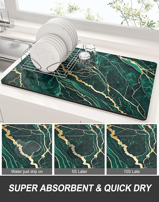 Rnivvi Dish Drying Mat for Kitchen Counter, 12 x 19" Cute Marble Super Absorbent Draining Pad, Non-Slip Heat Resistant Coffee Bar Mats for Coffee Machine Station Accessories, Green Gold Dish Rack Pad