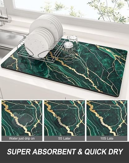 Rnivvi Dish Drying Mat for Kitchen Counter, 12 x 19" Cute Marble Super Absorbent Draining Pad, Non-Slip Heat Resistant Coffee Bar Mats for Coffee Machine Station Accessories, Green Gold Dish Rack Pad