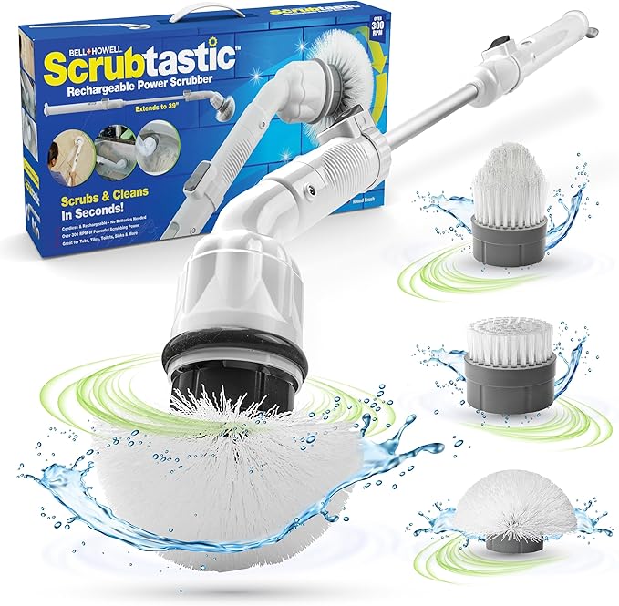 Scrubtastic Spin Scrubber, Electric Shower Scrubber – Rechargeable, Multipurpose Extendable Tile Cleaner, Bathroom, Floor & Grout Bathtub Power Scrubber with 3 Rotating Brush Heads, Improved for 2022