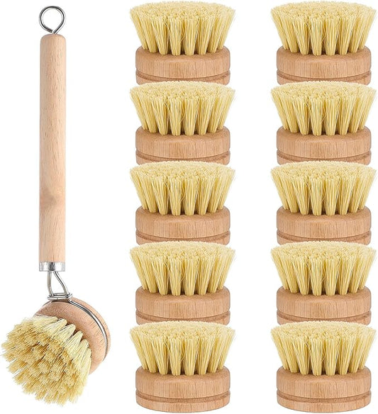 11 Pcs Bamboo Dish Brush Set, Multifunctional Bamboo Dishwashing Scrub Brush with Natural Sisal Bristles, Wooden Handle Dish Brush with Replacement Heads for Cleaning Pots Dishes Pans Vegetables