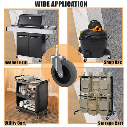 4-Inch Swivel Stem Caster for Rubbermaid Mop Bucket Utility Cart, 7/16-Inch Stem Diameter Rubber Wheel Set of 4, Heavy Duty TPR Weber Grills Shop Vac Replacement Wheels