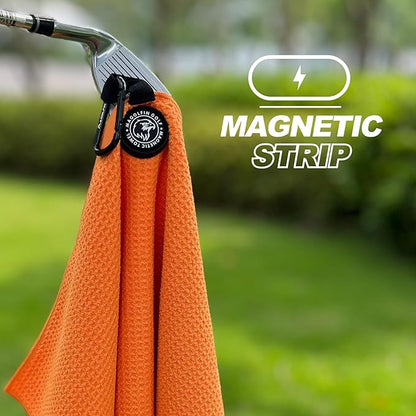 Magnetic Golf Towel with Clip, Microfiber Waffle Design - Industrial Strength Magnet for Strong Hold to Golf Bags, Carts & Clubs - Orange