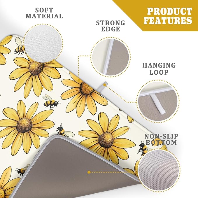 Spring Summer Dish Drying Mat of Kitchen Counter 18×24 Inch Floral Drainer Pad Sunflower Bee Dish Rack Pad Drainer Mat Washable Absorbent Reversible Microfiber for Coffee Bar