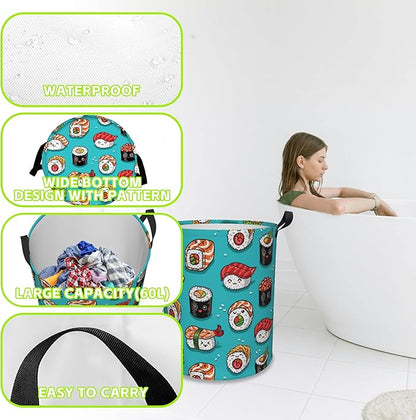 Cute Kawaii Sushi Laundry Basket Foldable Laundry Hamper Waterproof Oxford Cloth Large Laundry Basket Clothes Storage Bucket Toy Organizer For Bathroom, Laundry, College 17.3 x16.5 Inch
