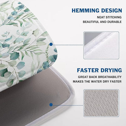 Watercolor Sage Leaves Dish Drying Mats for Kitchen Counter 16x18 Inch,Spring Leaves Kitchen Drying Mat,Sage Herbs Dishes Pad Dish Drainer Rack Mats Absorbent Fast Dry Kitchen Accessories
