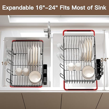 Over the Sink Expandable Dish Drainer Drying Rack In Stainless Steel for Small Kitchen, Counter Space Saving Modern Compact Metal Above Plate Dryer Strainer, Adjustable Hanging Inside Drain Holder