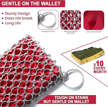 Cast Iron Scrubber Chainmail - 316L Cast Iron Cleaner Scrubber and Bamboo Cloth Set - Chain Mail Scrubber - Stainless Steel Chainmail Scrubber for Skillet, Pan, Dutch Oven - Essential Accessory