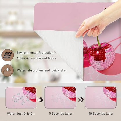 Pink Cherry Disco Ball Dish Drying Mat, Preppy Glam Cherries Coffee Bar Mat for Countertops, Pink Y2K Disco Absorbent Dish Drying Mats for Kitchen Counter Coffee Maker, 16x24 Inch