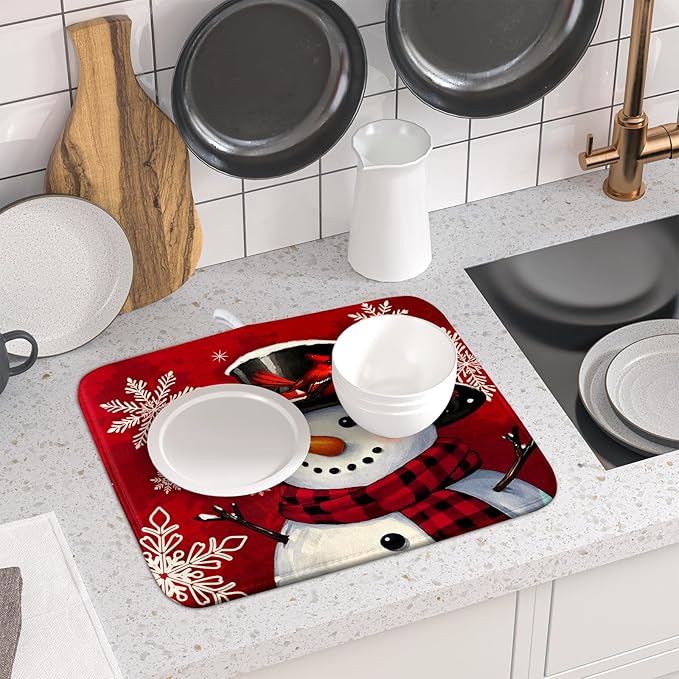 Christmas Snowman Dish Drying Mat for Kitchen Counter 16x18 Xmas Snowflake Winter Holiday Dark Red Absorbent Reversible Microfiber Drying Mats Kitchen Countertop Protector Dishes Drainer Rack Pad