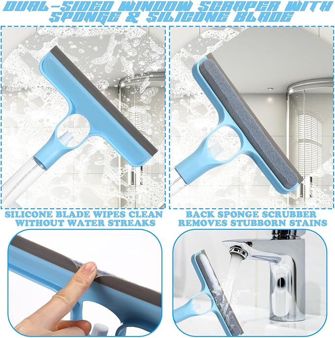 Lothee 1pcs 3 in 1 Window Squeegee, 23'' Long Handle Window Cleaning Scraper, Squeegee and Scrubber with Spray for Walls, Car Windshields, Bathrooms, Kitchens (Bule)