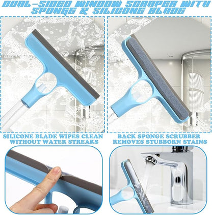 Lothee 1pcs 3 in 1 Window Squeegee, 23'' Long Handle Window Cleaning Scraper, Squeegee and Scrubber with Spray for Walls, Car Windshields, Bathrooms, Kitchens (Bule)