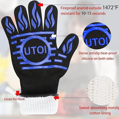 BBQ Grill Gloves 1472°F Heat Resistant, XL Long Non-Slip Oven Mitts for Baking, Kitchen, Campfire, Smoker and Outdoor Cooking, EN407 Certified, Washable, Blue