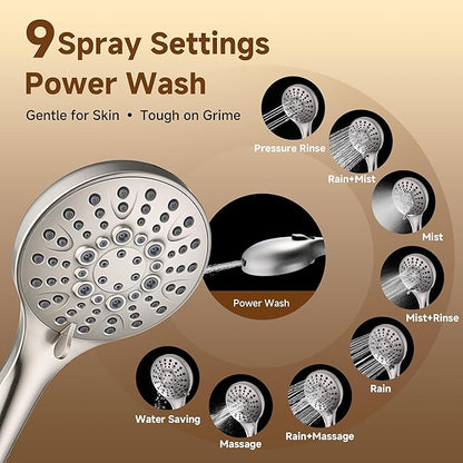 BRIGHT SHOWERS Rain Shower Head with Handheld Spray, High Pressure Dual Shower Head, Adjustable Extension Arm & Slide Bar, 9 Spray Modes Built-in Power Wash, 3-Way Diverter, 69" Hose, Brushed Nickel