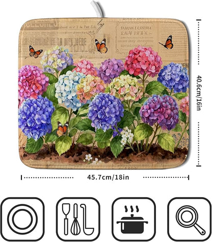Vintage Hydrangea Dish Drying Mat Watercolor Floral Microfiber Absorbent Dish Drying Pad for Kitchen Counter Small