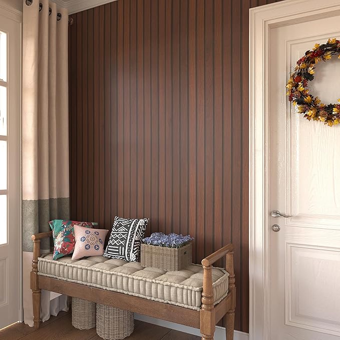 VEELIKE Dark Walnut Wood Slat Wallpaper Peel and Stick Wood Grain Panel Wallpaper for Bedroom Bathroom Accent Walls 24''x354'' Wide Self Adhesive Wooden Slat Vinyl Wall Covering for Kitchen Home Decor