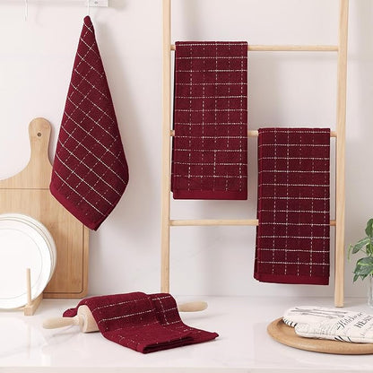 Homaxy 100% Cotton Terry Kitchen Towels(Brick Red, 13 x 28 inches), Checkered Designed, Soft and Super Absorbent Dish Towels, 8 Pack