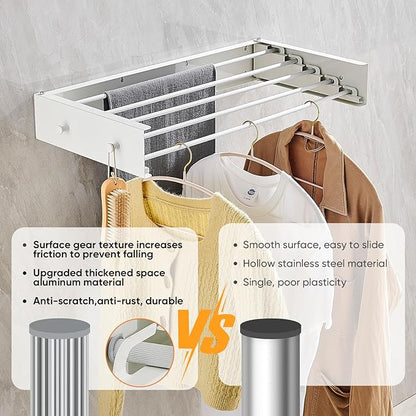 Clothes Drying Rack 31.5 inches Foldable Wall Mount Laundry Rack Folding Indoor Drying Rack Clothing Collapsible Hidden Space Saver with Wall Template 5 Rods White