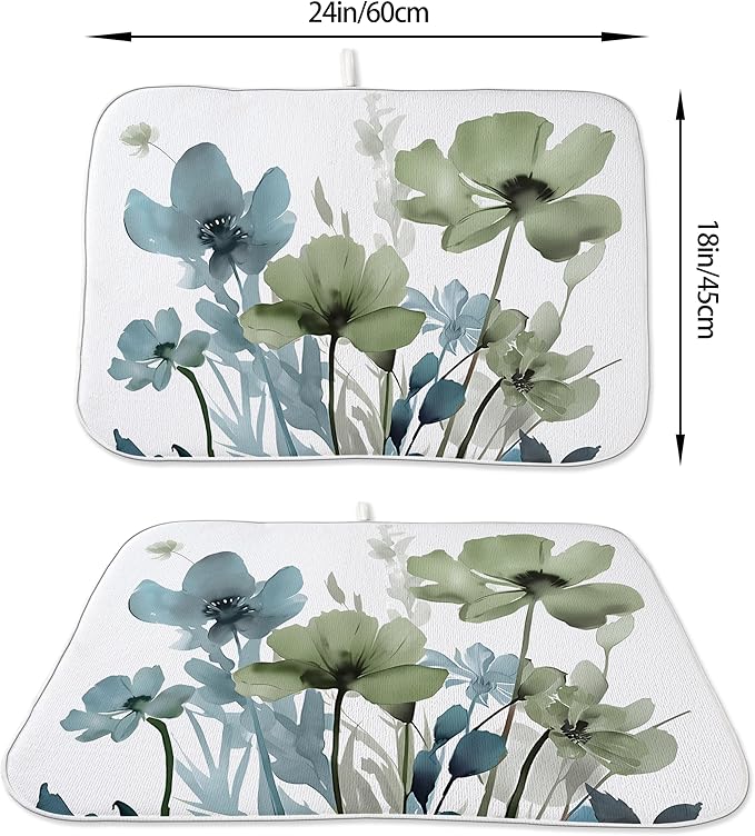 Spring Dish Drying Mat 18x24 Inches For Kitchen Counter Absorbent Blue Green Floral Kitchen Decoration Drying Mat Summer Flower Decorative Pad For Home Kitchen,Dining Room,Office Decoration