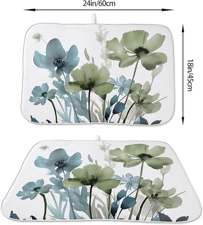 Spring Dish Drying Mat 18x24 Inches For Kitchen Counter Absorbent Blue Green Floral Kitchen Decoration Drying Mat Summer Flower Decorative Pad For Home Kitchen,Dining Room,Office Decoration
