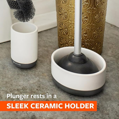 Full Circle Royal Plunge - Bathroom Toilet Plunger with Ceramic Holder and Instant-Dry Coating for Mold & Mildew Prevention, Easy to Clean & More Hygenic, White